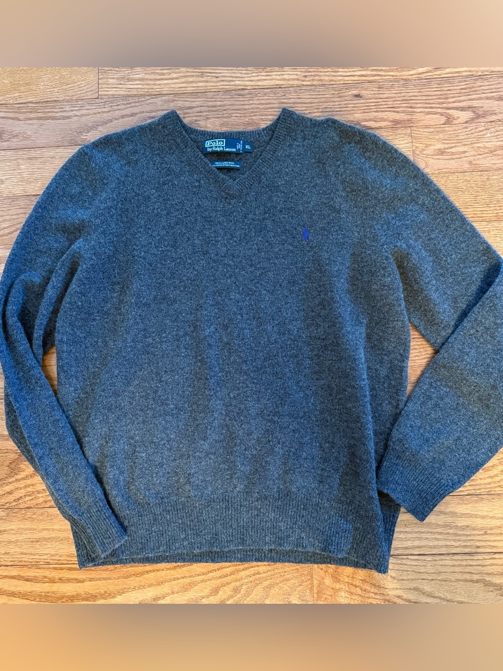 Polo Ralph Lauren Sweater Mens XL Gray 100% Lambswool V Neck Knit Pullover
